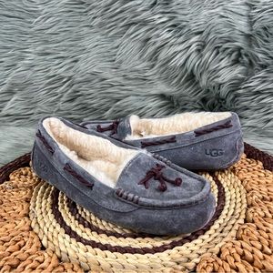 UGG Brett Sz 8 Womens Leather Grey Fur Slip On Moccasins Slippers